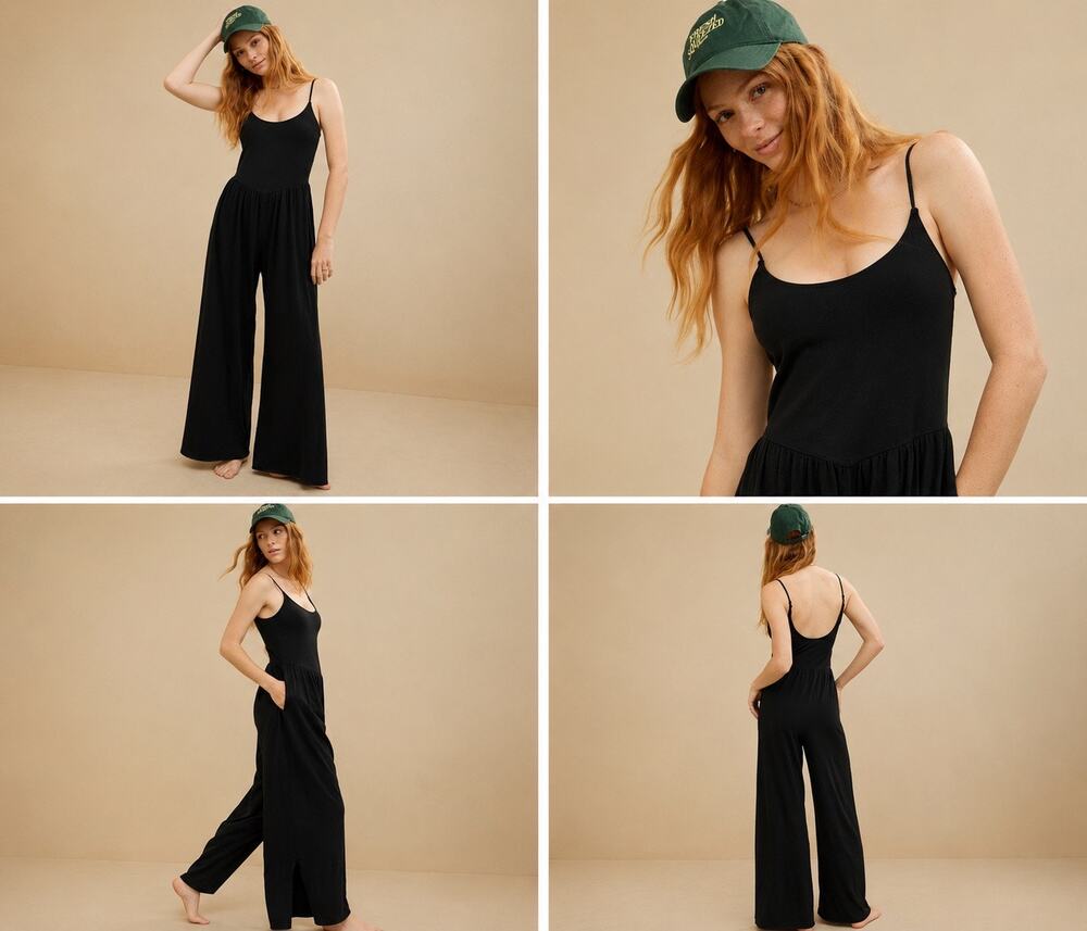 Aerie At The Barre Black Wide Leg Jumpsuit Size S Pockets